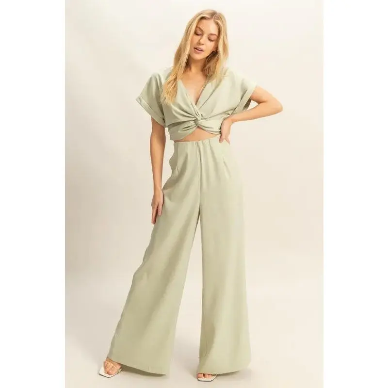 HYFVE Twisted Front Short Sleeve Top and Wide Leg Pants Set