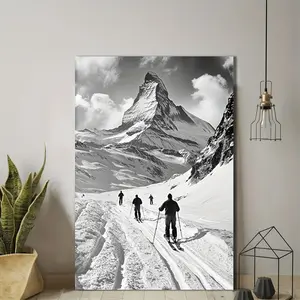 Unframed Snow Mountain and Skier Canvas Poster - Vintage and Retro Ski Wall Art, Vintage Prints, Suitable for Bedroom, Living Room, Kitchen, Dormitory or Hallway Decoration, Classic Landscape Theme, Durable Canvas Material, Mountain Wall Art