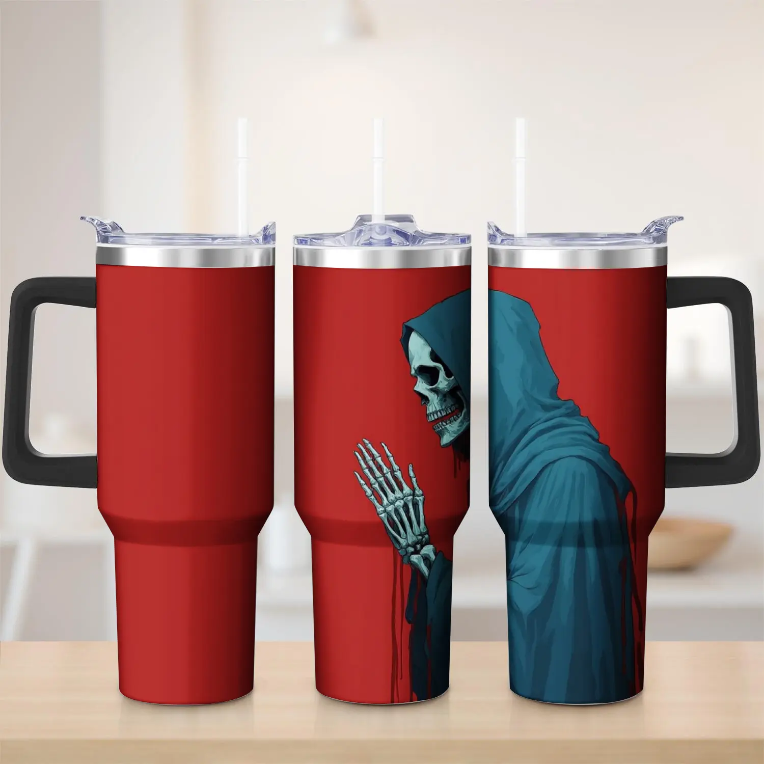 Double Wall Vacuum Tumbler with Handle - Red & Teal - Grim Reaper Design with Skull and Hooded Figure - Outdoor Camping, Hiking, Picnic, Travel Use
