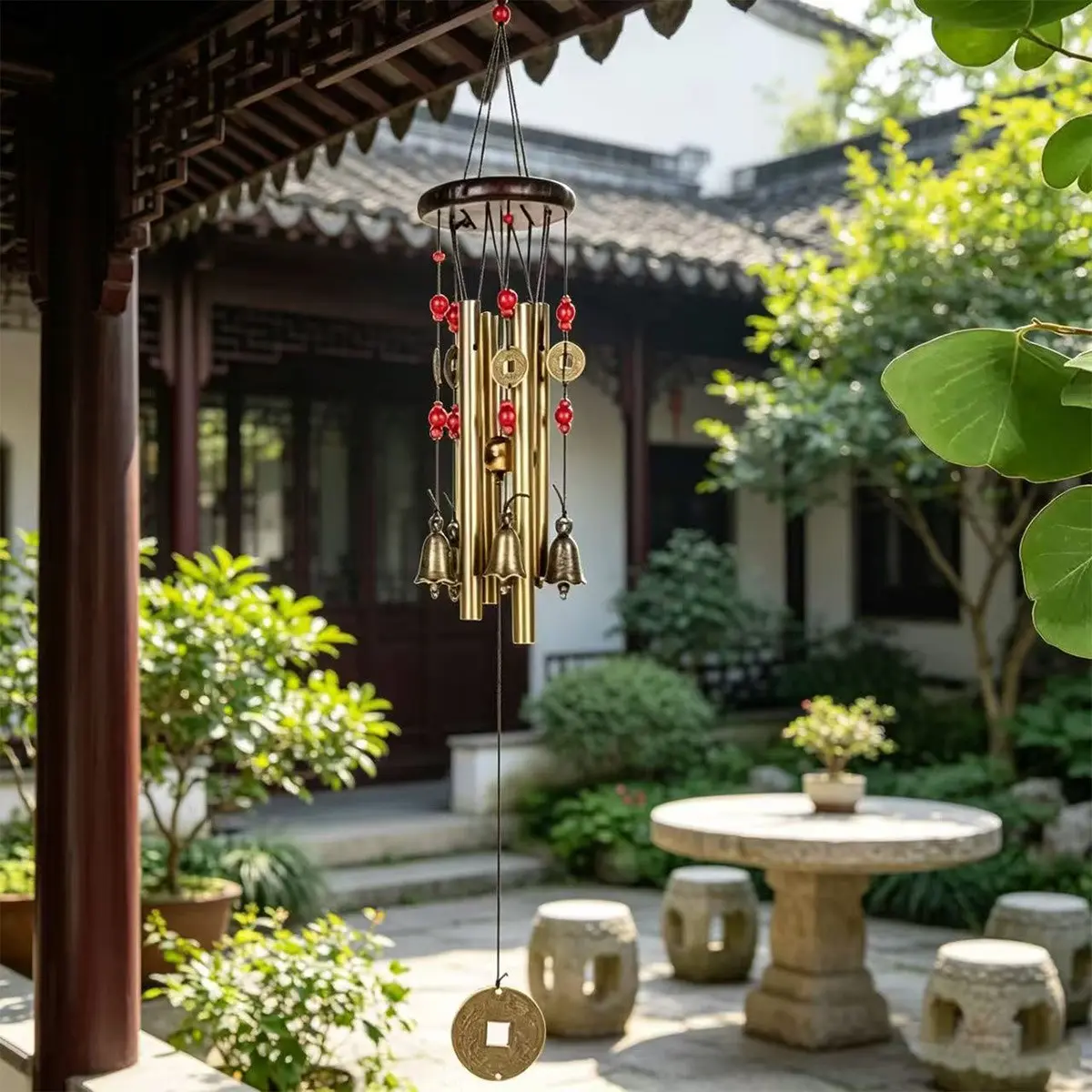 Chinese Traditional Retro 4 Tubes 5 Bells Bronze Wind Chimes, 60cm Outdoor Garden Decor, Elegant Yard Music for Relaxing Atmosphere, Hanging Wind Chime