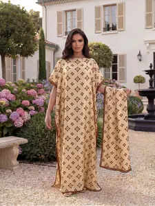 Elegant All-Over Printed Robe Set, Long Dress & Headscarf, Womenswear Beach Sun Protection Satin Scarf, Women's Fashion Accessory