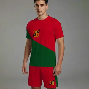 Portugal Style Soccer Jersey Set Men's Red Green Diagonal Kit, Graffiti Number 26 Football Uniform
