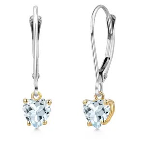 Gem Stone King 925 Silver and 10K Yellow Gold Sky Blue Aquamarine Dangle Earrings for Women | 0.83 Cttw | Gemstone March Birthstone | Heart Shape 5MM