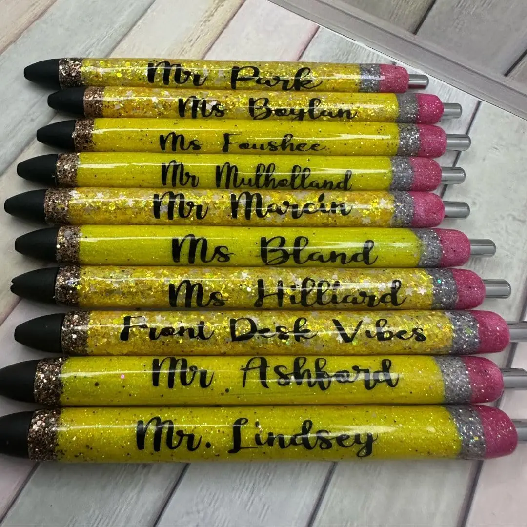 Custom Glitter Pens with Personalized Names – Yellow & Glitter Ballpoint Pens for Teachers, Coworkers, Students, or Gifts – Smooth Writing, Retractable Ink Pens