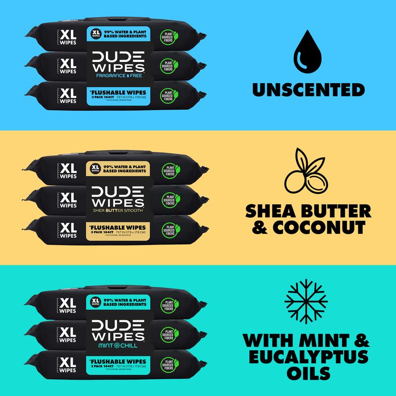 DUDE Wipes Stool Kit- 9 Packs, 432 Flushable Wipes -- Mint Chill, Shea Butter, & Unscented - Extra Large & Septic Safe