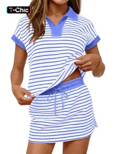 Women's Striped Two-Piece Set, Short Sleeve Shoulder Cover Top, Elastic Waist Skirt Pants, Casual, V Neck Blouse + Half Dress, Summer Wear, Womenswear