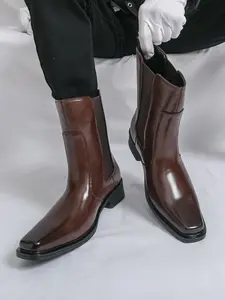 Men's Vintage Chelsea Boots Fall Winter, Square Toe Elastic Band, High-End Youth Trend Knight Boots, Fashionable Retro Style Rubber Footwear