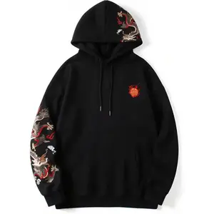 Streetwear Men's Dragon Embroidered Heavyweight Graphic Hoodies Japanese Techwear baggy Anime Hoodie