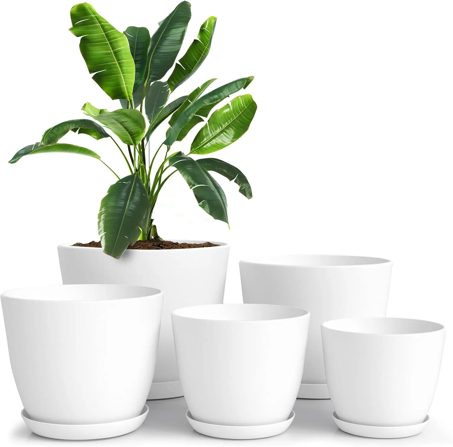 Plant Pots Indoor with Drainage, 5 Pack Multi-Size Planters Set, White Plastic Plant Pots with Drainage Holes, Nursery Pots for Indoor Plants Flowers Succulents Herbs, 7/6.6/6/5.3/4.8 Inch