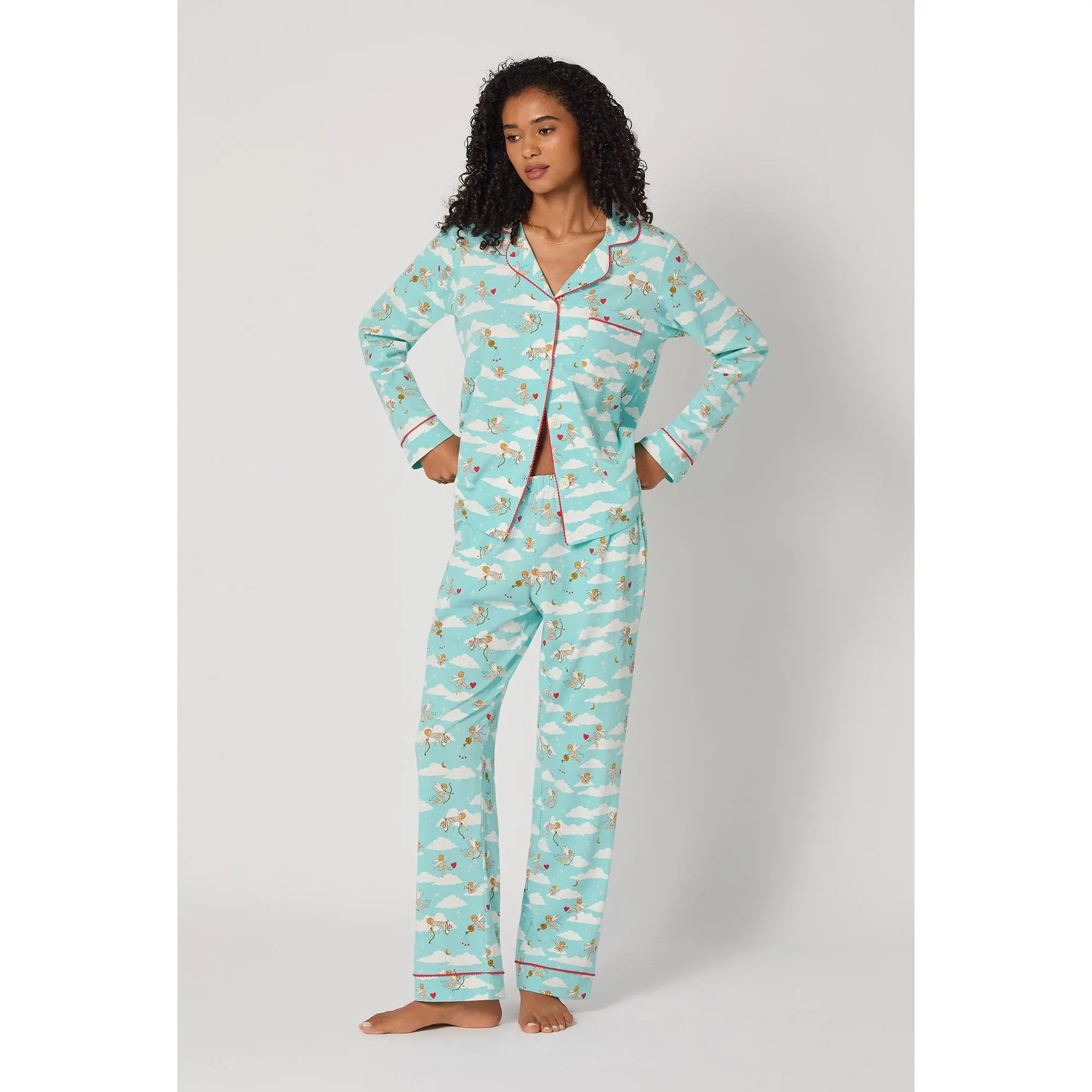 Women's Pajama Set, Casual Long-Sleeve Cupid Print Organic Cotton Loungewear with Pockets and Contrast Piping, M, Cold Wash, Printed, Button Front, Elastane Blend, Full Length