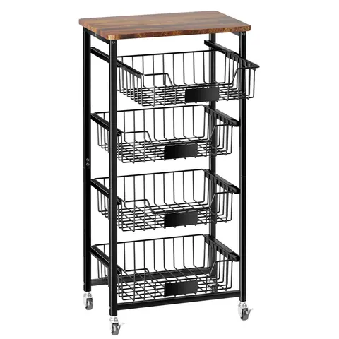 5-Layer Metal & Wood Rolling Organizer Cart with Smooth Steel Frame, Wood Top, Pull-Out Metal Baskets, Locking Wheels - Narrow Home Goods Storage Organization Rack for Kitchen/Pantry, House Organizers