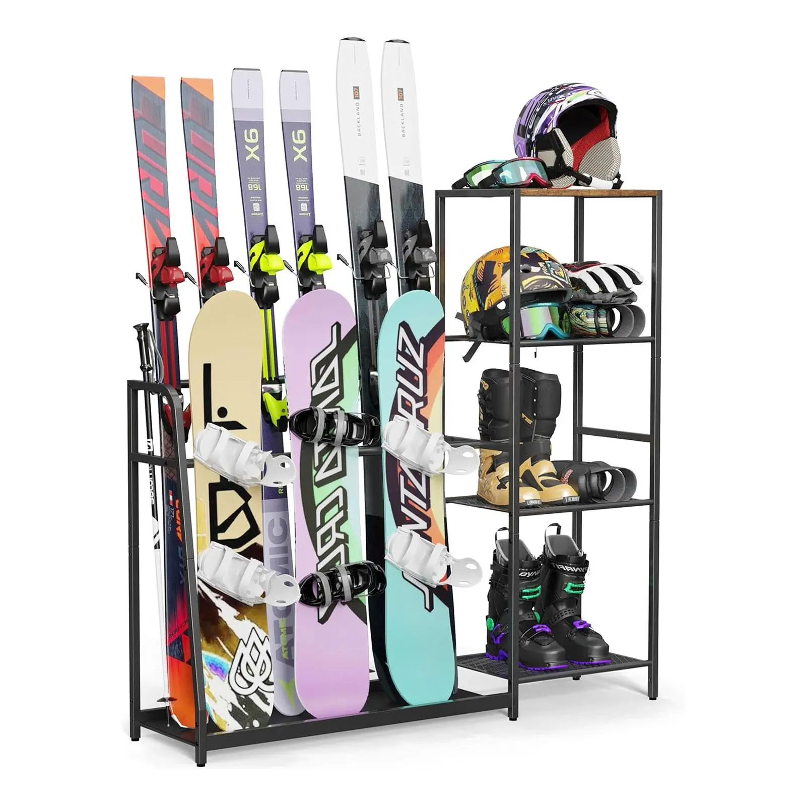 Freestanding Ski & Snowboard Rack for Garage, Heavy Duty Steel Organizer Holds 4 Pairs Skis & 3 Snowboards, No Wall Drilling
