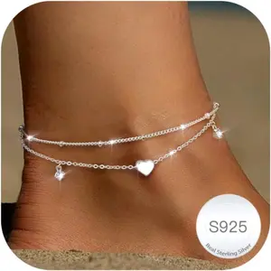 MILACOLATO 925 Sterling Silver Anklet Bracelets for Women Adjustable Women's Anklets for Women Waterproof Butterfly Beaded CZ Heart Beach Layered Ankle Chains for Women