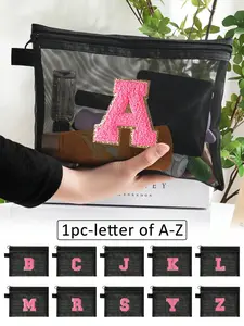 Mesh Bag Large Capacity, Embroidered Letter A-Z, Transparent Cosmetic Storage Pouch, Multifunctional Travel Organizer