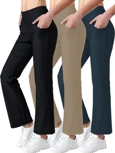 Women's 3PCS Straight-Leg Pants High-Waisted Stretch Jumpsuit with Pockets Breathable Activewear Bottoms Black Grey Khaki Gym Tights Fleece-Lined Comfortable Fit Gym Workout Leggings