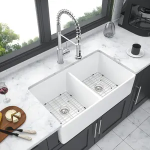 Hardware White Farmhouse Sink - 32 inches Ceramic Double Bowl Farm Apron Front Kitchen Sink