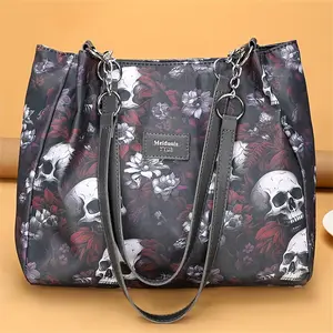 Punk Floral Skull Printed Tote, Large Capacity Shoulder Bag, Suitable for Daily Commuter and Work Multifunctional Tote, Stylish Shoulder Belt Travel Wallet