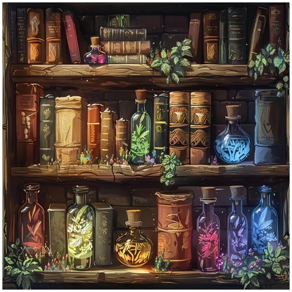 Vintage Apothecary Bookshelf with Magic Potion Bottles, Multiple sizes available, Diamond Painting Kits, 5D DIY diamond painting kit handmade furniture decor holiday birthday art gift, Craft