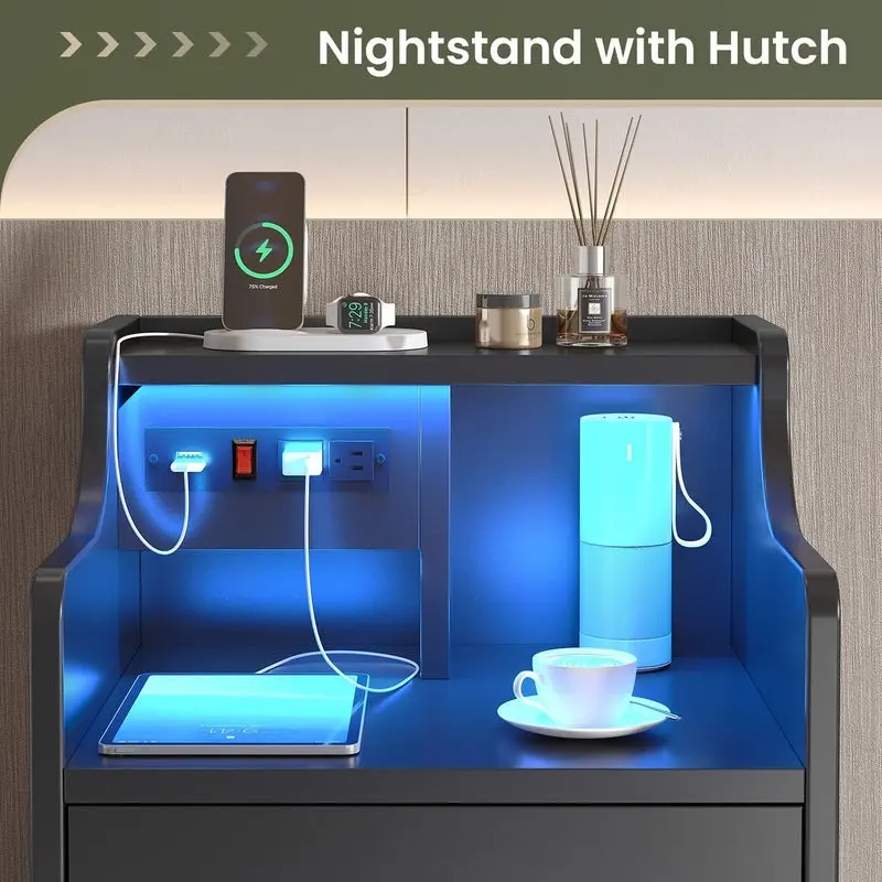 Sikaic LED Nightstand with Charging Station & Drawers