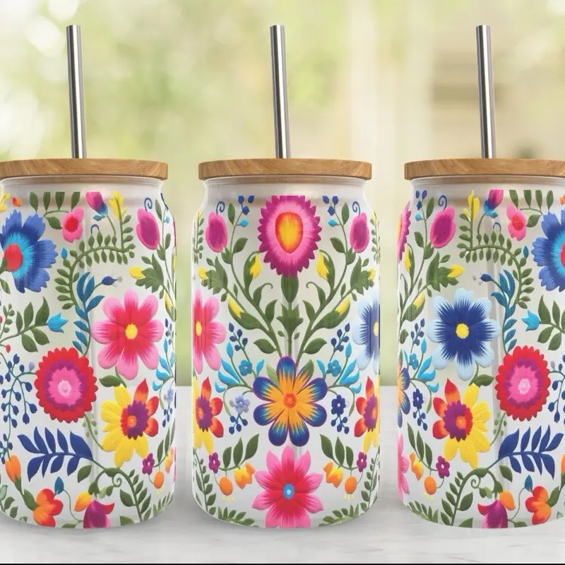 16 oz Frosted Glass Tumbler, Reusable Washable Drinkware with Bamboo Lid, Traditional Mexican Flower Sublimation Design, RTS