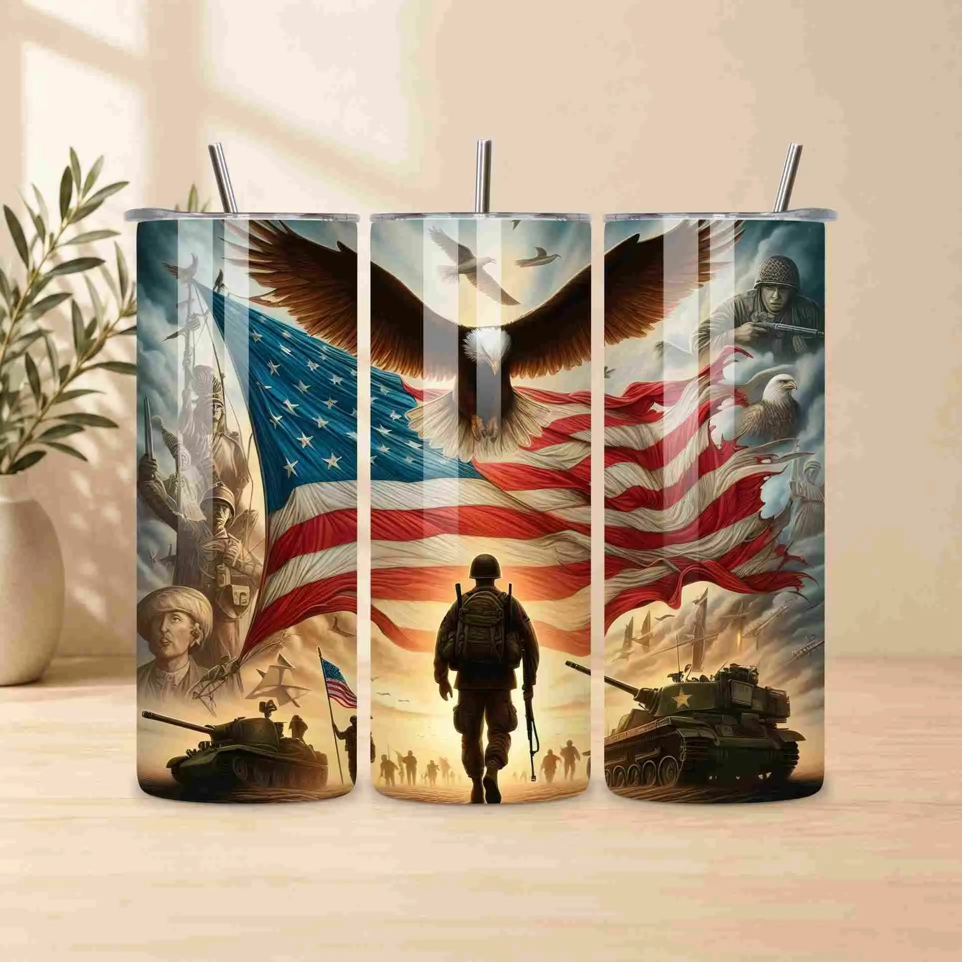 American Eagle Soldier 20oz Glossy Insulated Stainless Steel Leak-Free Vacuum Flask Tumbler with Lid & Straw, Ideal for Us Pride & Nation Pride Enthusiasts
