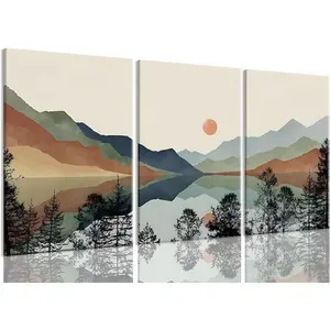 Bwodke Framed Canvas Wall Art, 3 Piece Boho Watercolor Mountain Wall Art, Natural Landscape Pictures with Sun & Forest, Abstract Prints Artwork for Living Room, Bedroom, Office Decor