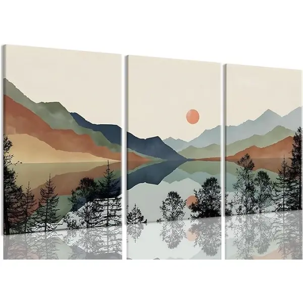 Bwodke 3-Piece Framed Wall Art Set, Boho Watercolor Mountain Landscape Prints, Natural Sun & Forest Decor Inspo for Living Room, Bedroom Wall Decor