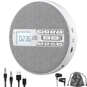 Portable CD player with Bluetooth transmitter and dual stereo speakers, rechargeable CD/MP3 player with anti-skip protection, FM transmitter, LCD display, AUX/USB support, 10 playback speeds and EQ modes for home and car