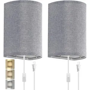 Wall Sconces Set of Two, Fabric Shades Plug in Wall Sconces, 3 Color Temperature Switching Modern Wall Light Fixtures, Wall Lamp with Plug in Cord, On/Off Switch Wall Lights For Bedroom,Porch (Grey)