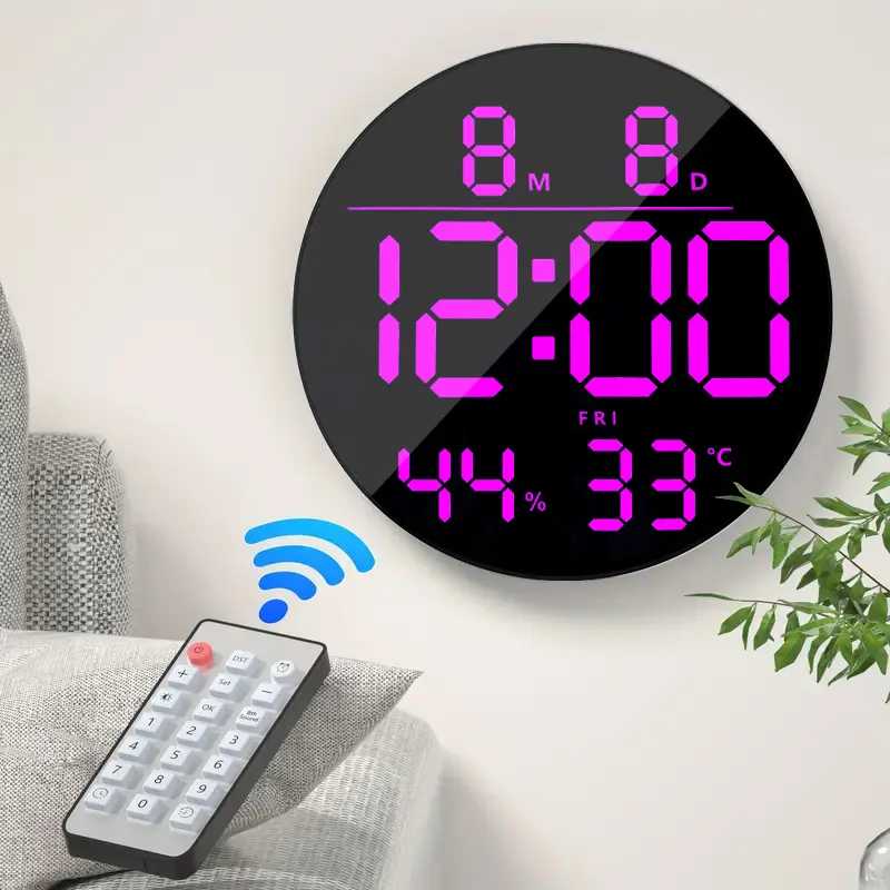 Multifunctional LED Digital Alarm Clock, 10-in ABS Classic Round Wall Clock with Timer, Seconds, Temperature, Date, DST, Nightlight, RGB Color, 5-Level Brightness Dimmer for Bedroom Decor, Multifunctional Alarm Clock