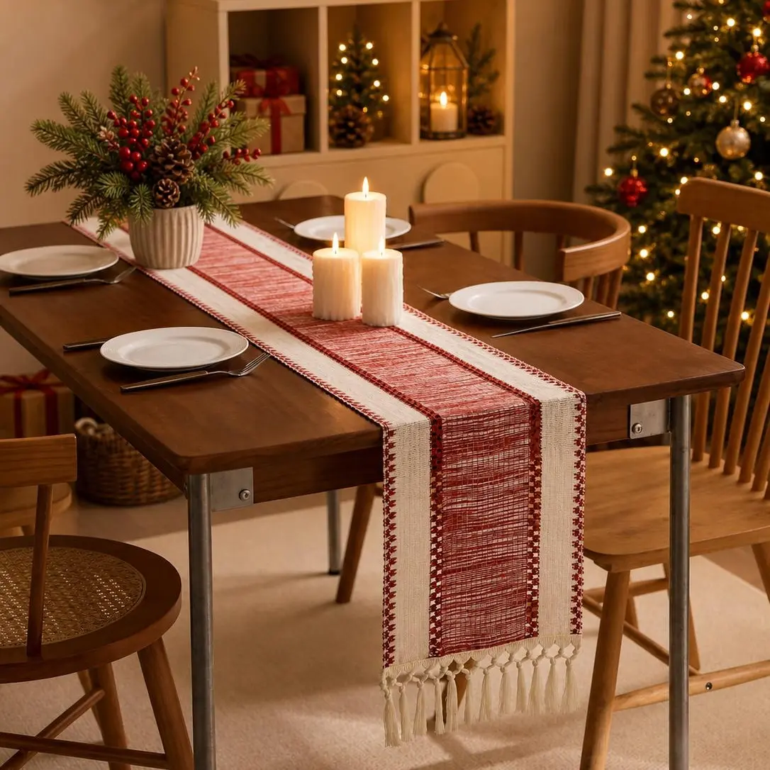 Red Striped Christmas Table Runner 12 x 72 Inch, Wrinkle-Resistant Durable Polyester Holiday Table Decor with Tassels, Rustic Farmhouse Dining Decoration for Christmas Parties, Weddings and Winter Gatherings