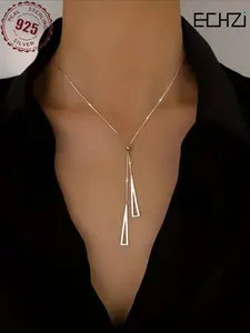 S925 Sterling Silver Adjustable Geometric Triangle Pull-chain Lariat Necklace, Pendant Necklace, Elegant Style Y Shape Necklace, Minimalist Vacation Style Accessory