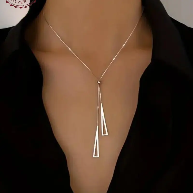 S925 Sterling Silver Adjustable Geometric Triangle Pendant Necklace, Elegant Style Y Shape Necklace, Minimalist Vacation Style Accessory, Chain Necklace