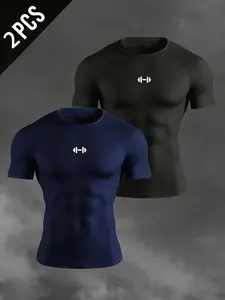 2-Pack Men’s Dumbbell Print Compression T-Shirts, Quick-Dry, Breathable High Stretch Athletic Base Layer, Cool Graphic Design, Perfect for Gym, Running, Outdoor Training, Sports & Daily Wear