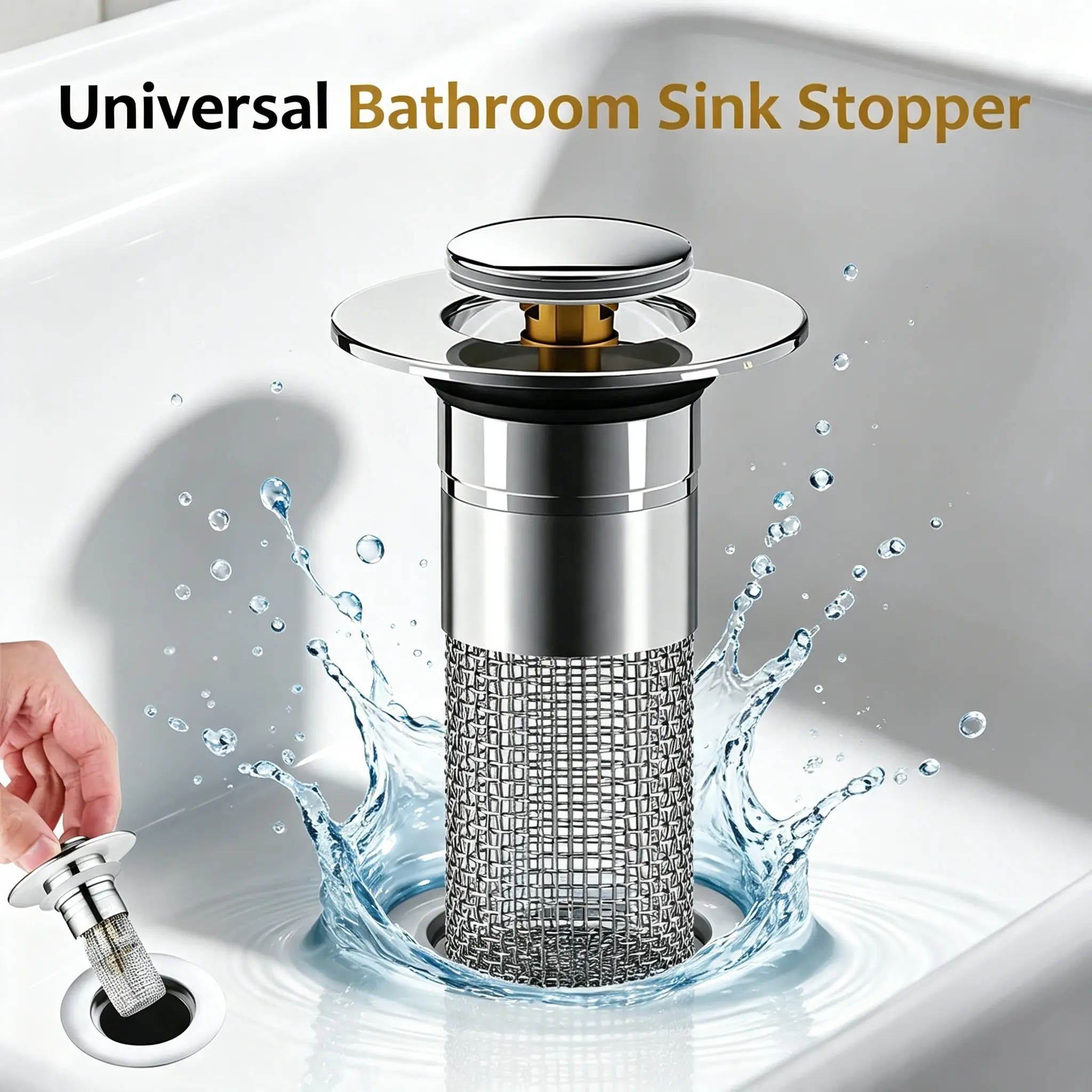 Pop Up Sink Drain Stopper For Bathroom, Wash Basin Drain Filter With Removable Stainless Steel Screen, Drain Basket Hair Blocker Hair Collector