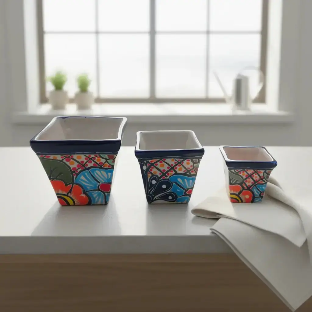 Mini Square Talavera Planter Set | Colorful Mexican Pots
