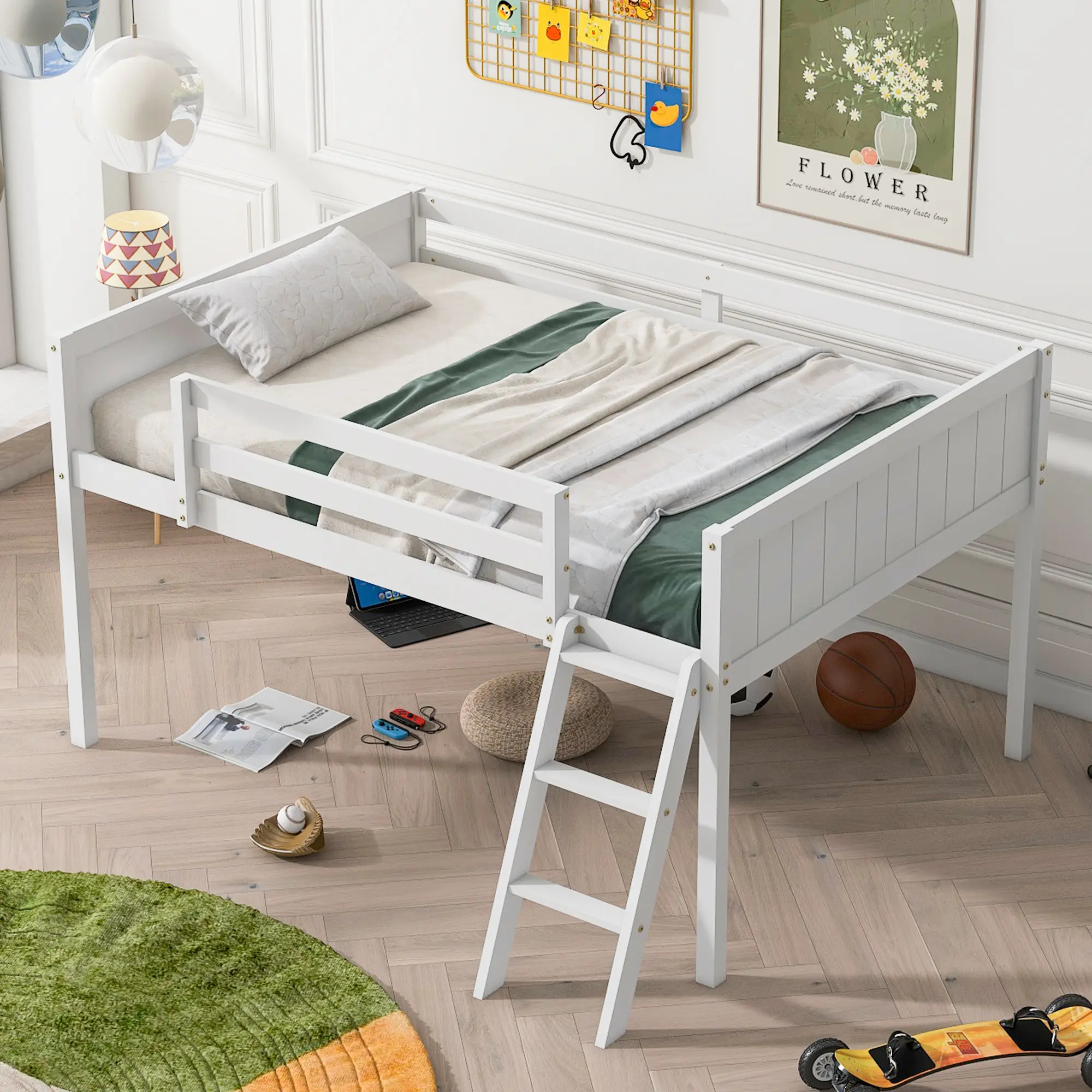 Dreamzon Full Size Wood Low Loft Bed with Ladder, ladder can be placed on the left or right, White(OId SKU: GX000366AAK)
