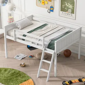Dreamzon Full Size Wood Low Loft Bed with Ladder, ladder can be placed on the left or right, White(OId SKU: GX000366AAK)