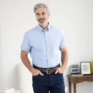 Blue Check Short Sleeve Button Down Collar Shirt with Magnetic Closures