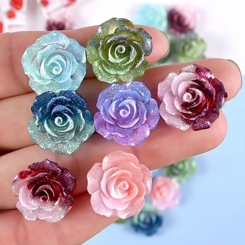 30pcs Baroque Glitter Rose Flower Charms, DIY Craft Supplies, Art Charms, Charms For Crafts, Resin Decorative Accessories, Charm Accessory, Random Colors, Perfect for Wedding and Romance Projects, Sparkling Charms