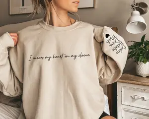 I Wear My Heart On My Sleeve Sweatshirt Custom Kids Names on Sleeve Hoodie, Christmas Gift for Mom, Custom Mama Sweatshirt, Mothers Day Shirt Gift