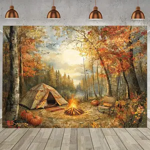 1pc Autumn Camping Party Banner - High-Quality Polyester Photography Backdrop with Fall Foliage, Tent & Campfire Scene for Seasonal Decor, Photo Booth Fun, and Themed Events White