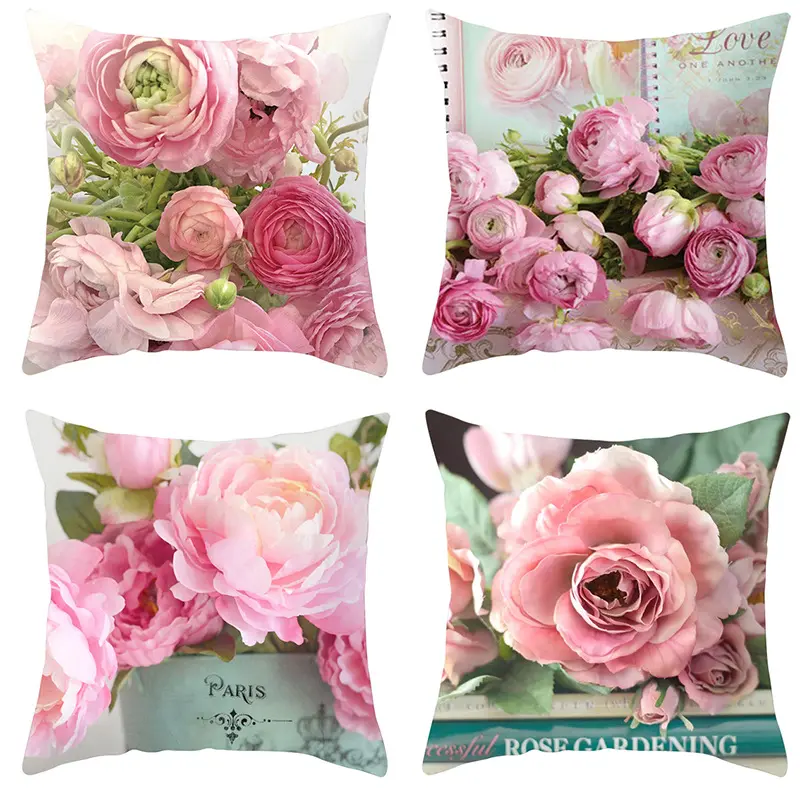 Set of 4 Pink Rose Polythene Short Plush Fabric Cushion Covers, 18x18in Home Decorative & Soft Cushions, All-Season Art Deco Home Decor Gift, Hand-Washable Fall Pillow, Home Decorative Cushion