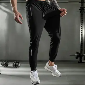 Men's High-Elastic Solid Plain Sports Pants, Ice Fiber Fabric with Zip Pockets, Suitable for Running, Yoga,summervibes
