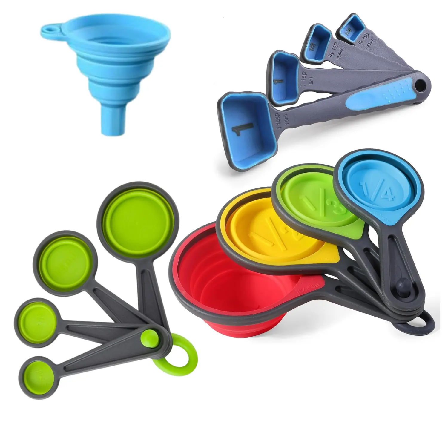 12Pcs Collapsible Silicone Measuring Cups Spoons Set with Bonus Funnel, Engraved Metric & US Markings, Food Grade BPA Free Foldable Kitchen Measuring Tools for Baking Coffee Flour Dry Liquid Ingredients