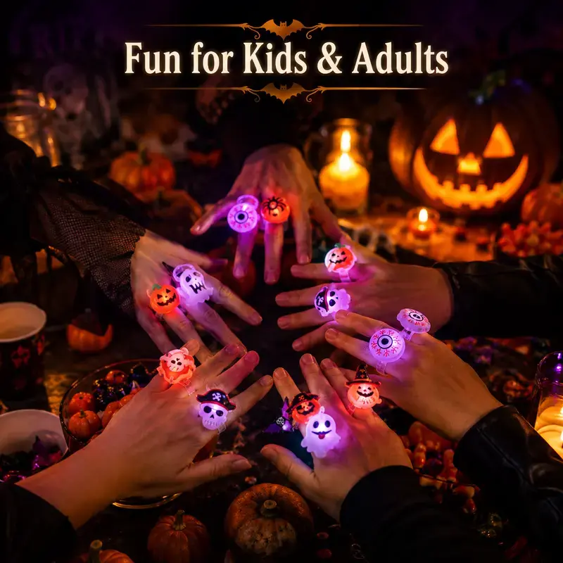 50PCS Halloween LED Light Up Rings – Pumpkin & Skull Party Favors, Spooky Glow Toys for Kids & Adults, Fun Gift Exchange & Party Decorations