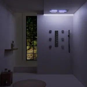 27.56" L x 15.75" W High-Pressure Ceiling Mount Complete Shower System with LED Light | Smart Temp Flow | Revitalize with Body Jets | Stable Water Temperature | Precision Temperature Control | 63 Spray patterns | Pressure-Balanced | 2.5 GPM