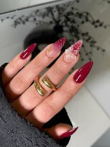 (MTO) Handcrafted Wearable Nail Art Wine Red Ombre Clear 3D Flower Fashion Hand Accessories