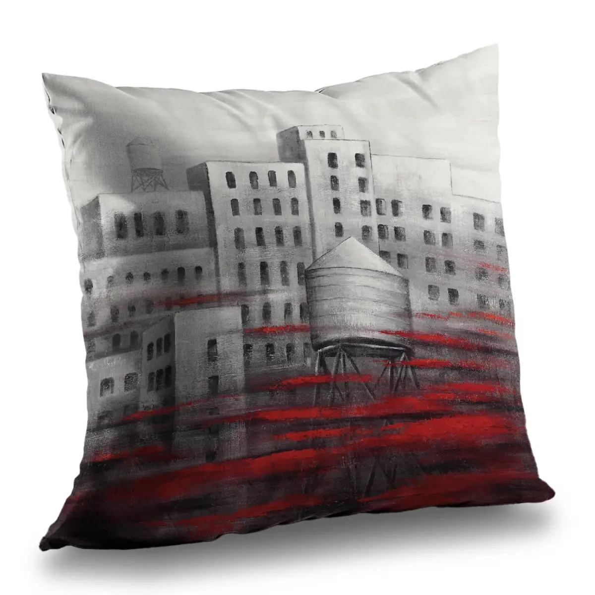 360 Stand Durable Cushions - 14x14 in. Standard Size Poly Twill Weave Throw Pillow, Artistic Gray City Scene with Red Clouds, for Living Room, 14-Inch Standard Pillows, Art-Inspired Standard Pillows