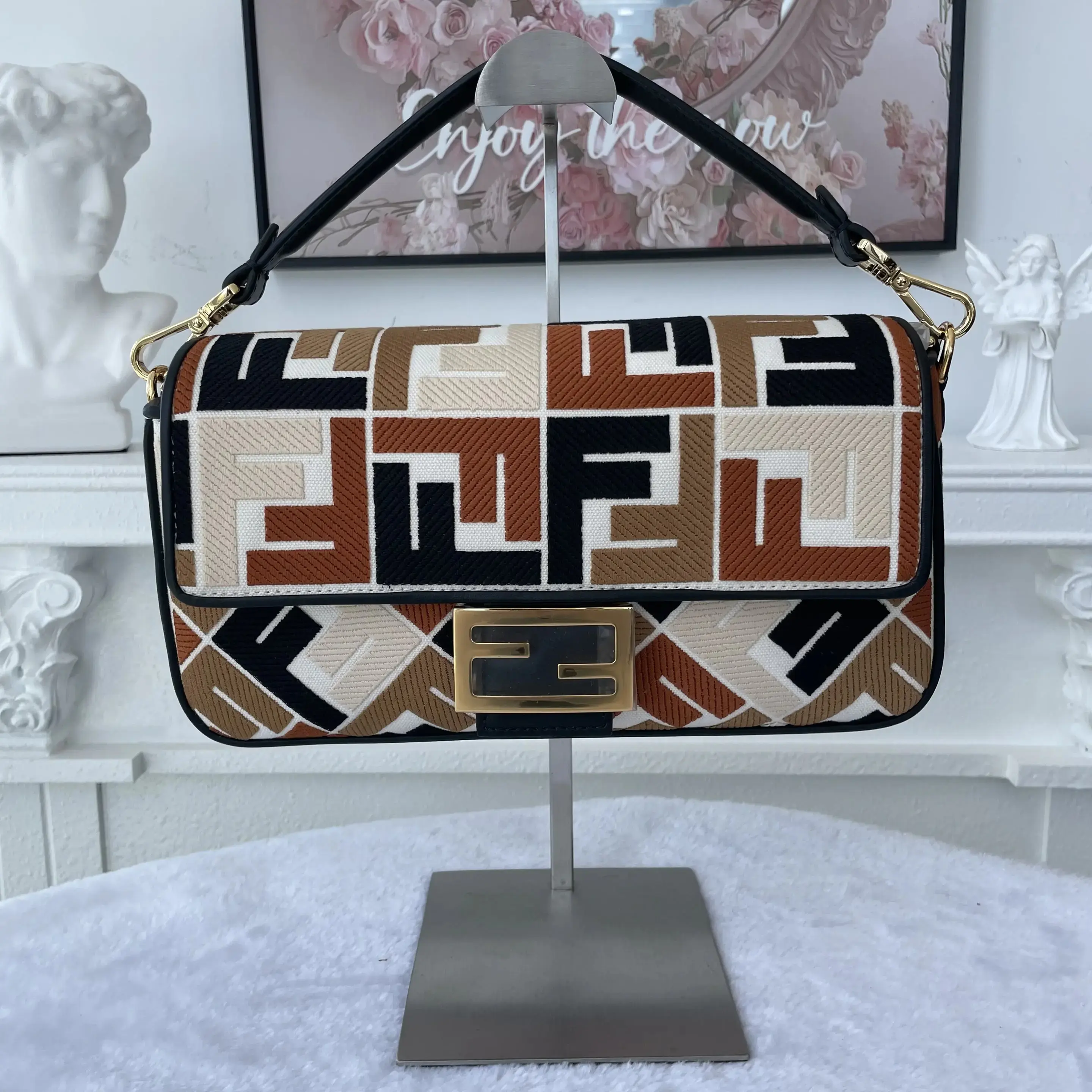 Pre-owned FENDI Canvas Shoulder Bags BJ1102405010 Baguette Medium SS24 Collection 2024 Multicolour FF Embroidered Shoulder Bag